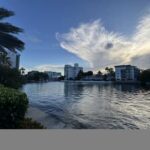 Florida intracoastal at golden hour with palm tree foreground left and dramatic cloud formation